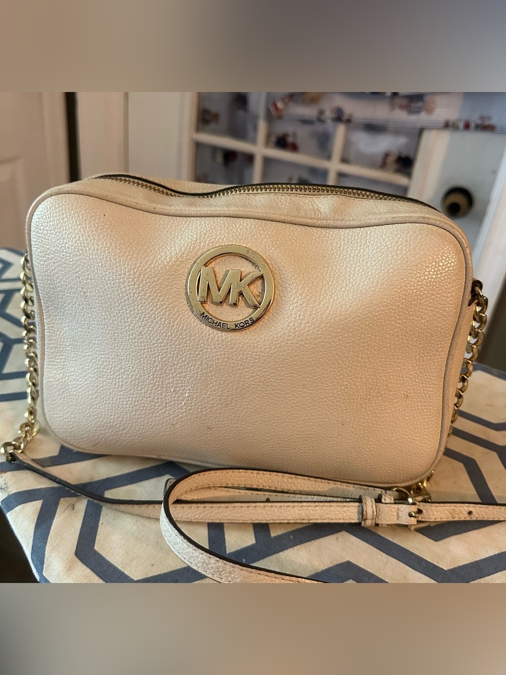 Michael Kors Cream Pebbled Leather Crossbody with Gold Logo